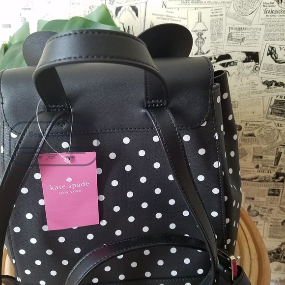 Kate Spade NWT Minnie Mouse Polka Dot Black Medium Backpack Refined Leather - Picture 9 of 10